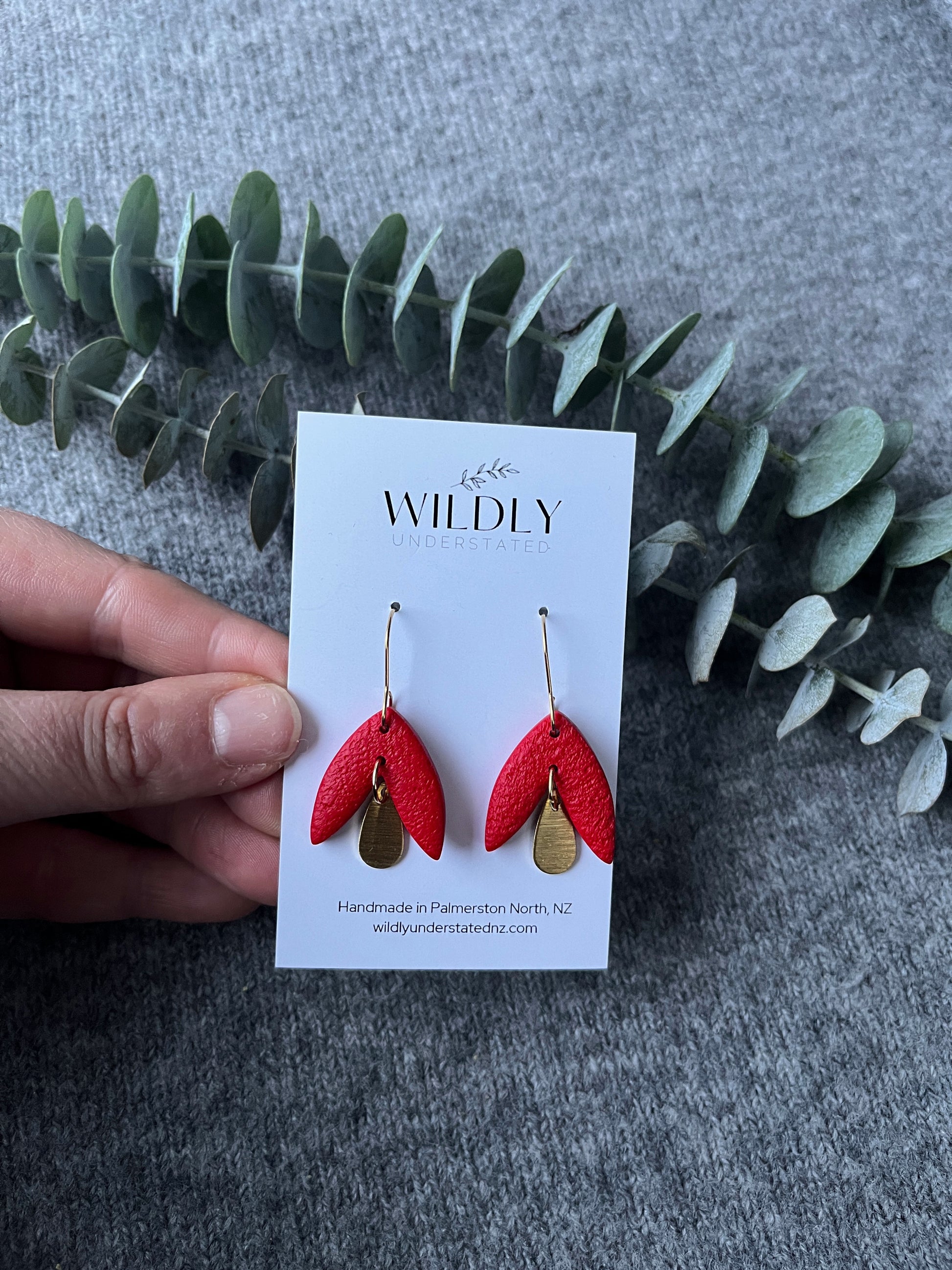 Red petal look clay earring with gold hook