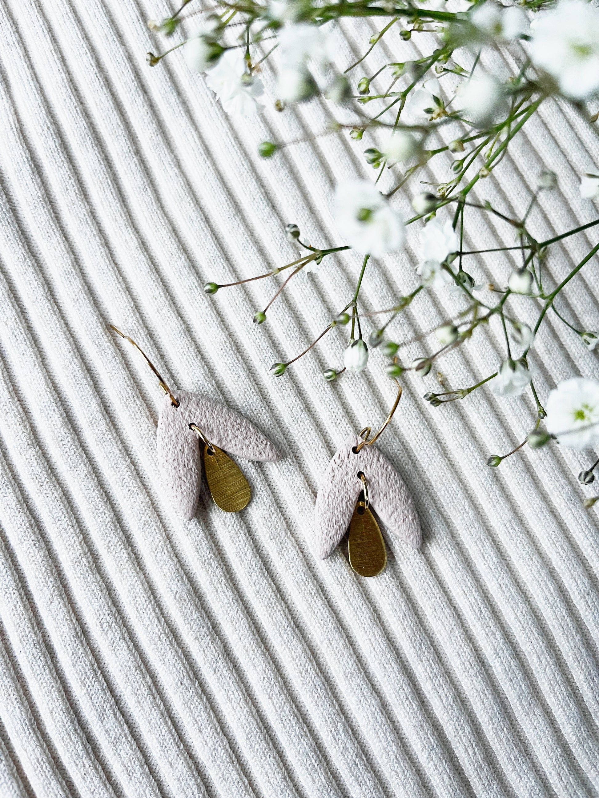 Beige petal look clay earring with gold hook