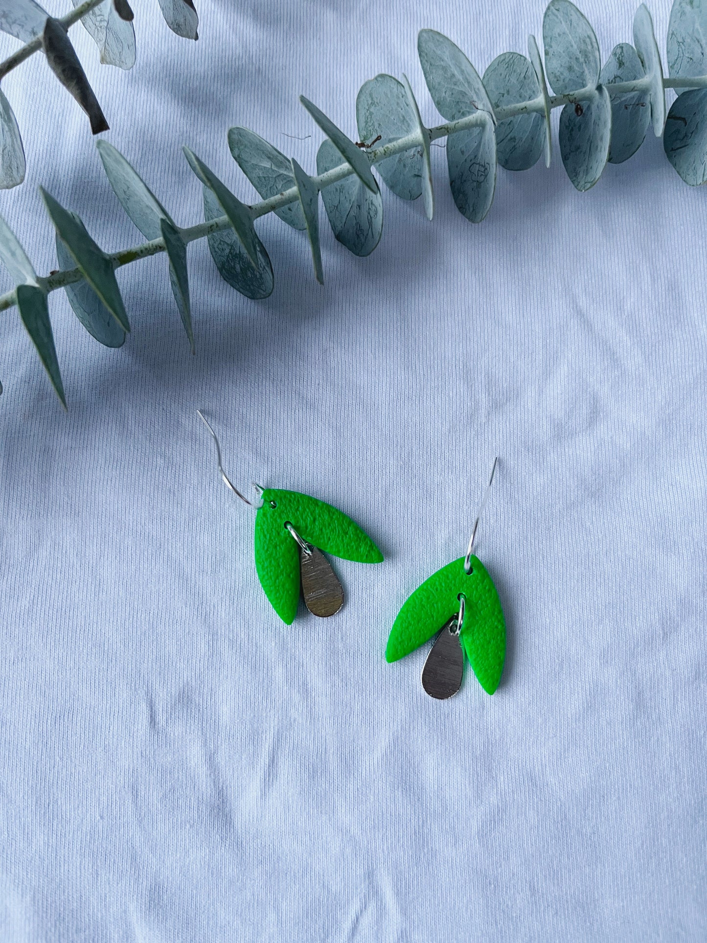 Kelly green petal look clay earring with silver hook