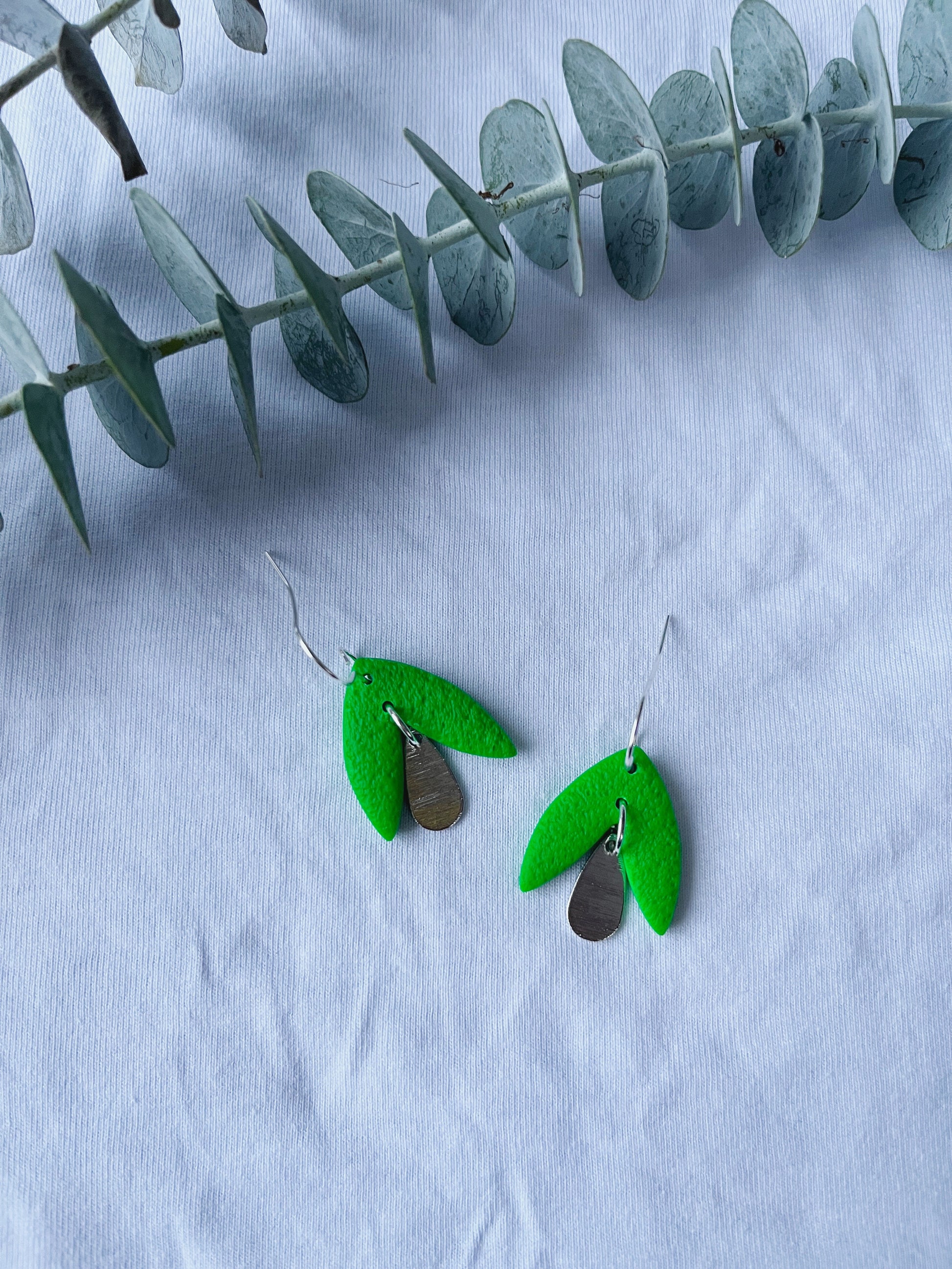 Kelly green petal look clay earring with silver hook