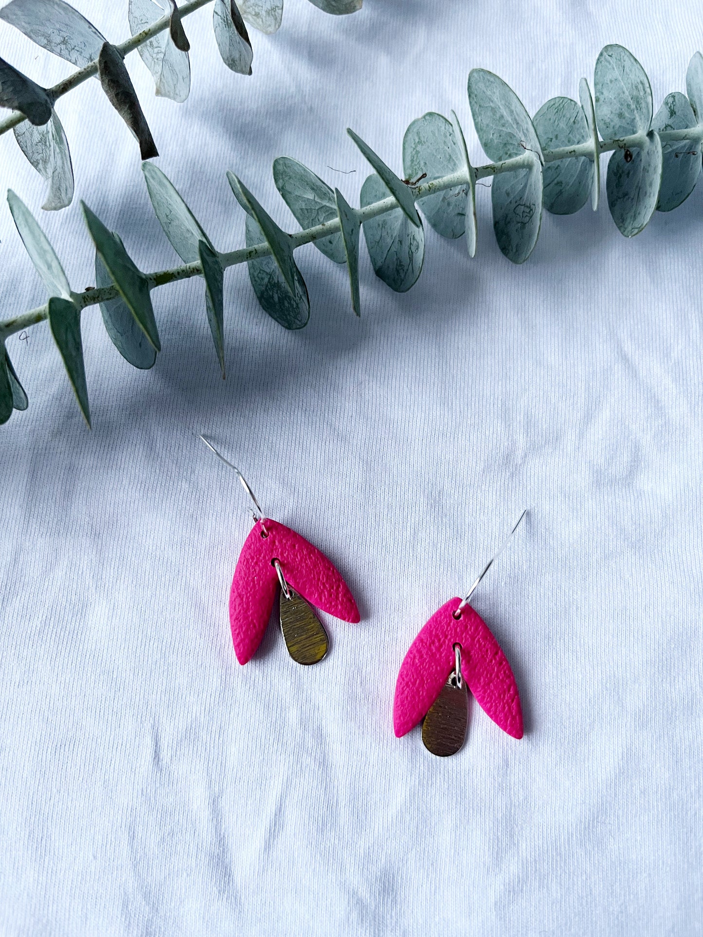 Hot pink petal look clay earring with silver hook