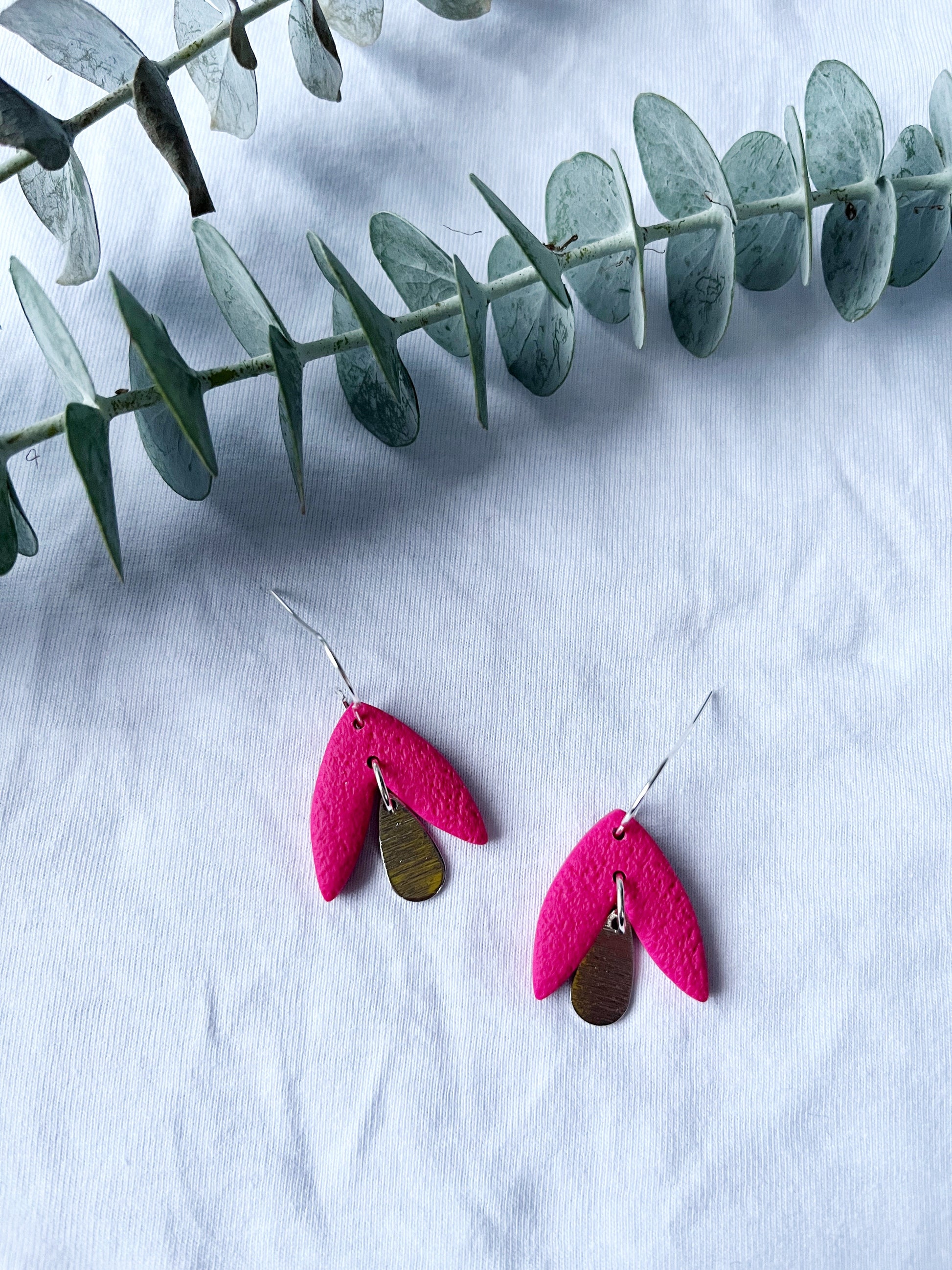 Hot pink petal look clay earring with silver hook