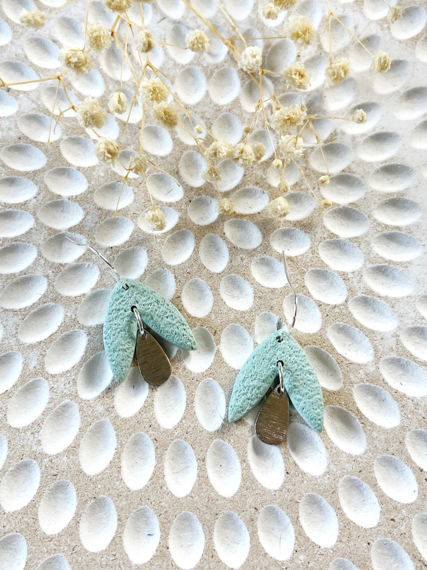 Mint green petal look clay earring with silver hook