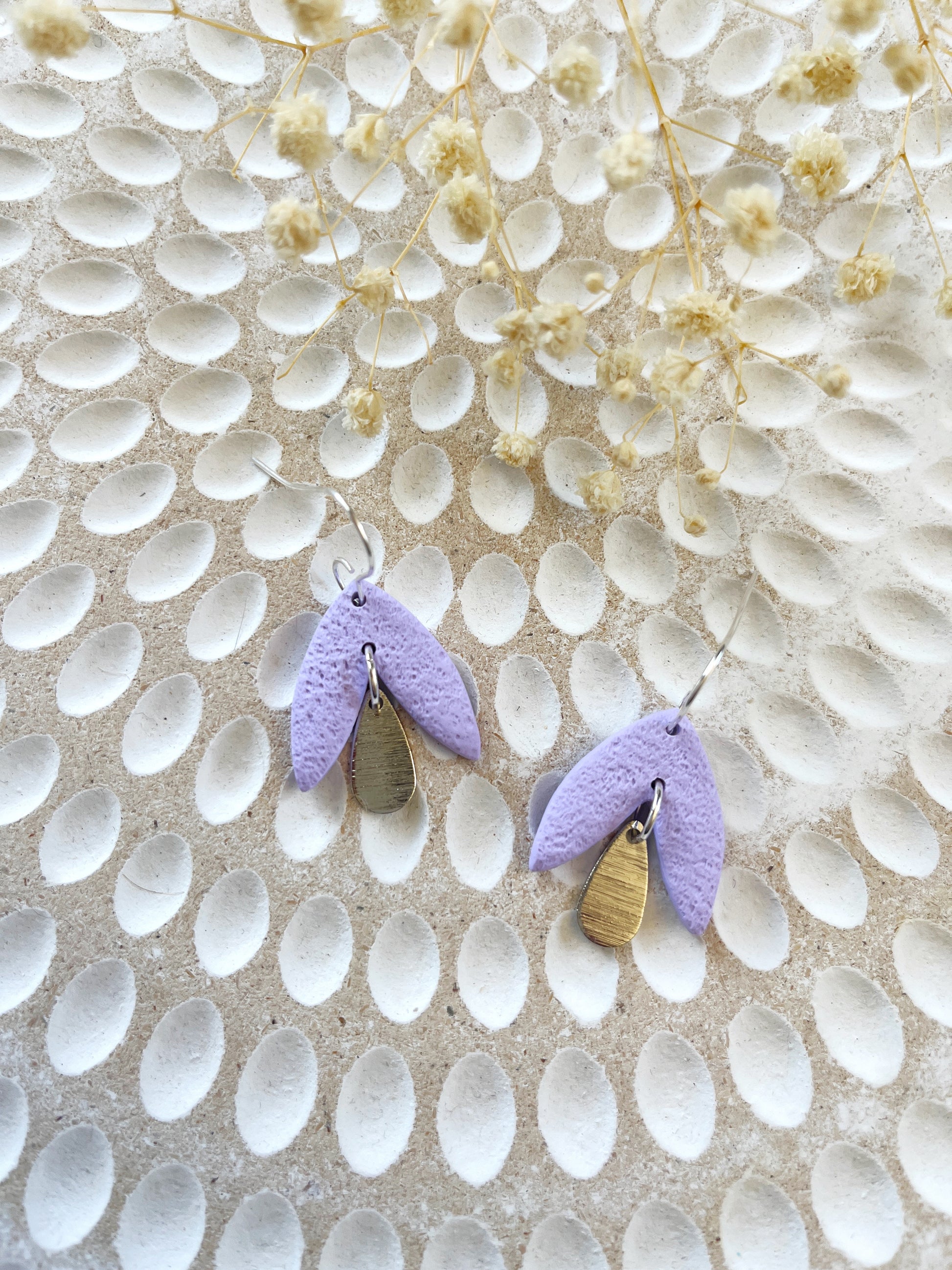 Lilac petal look clay earring with silver hook
