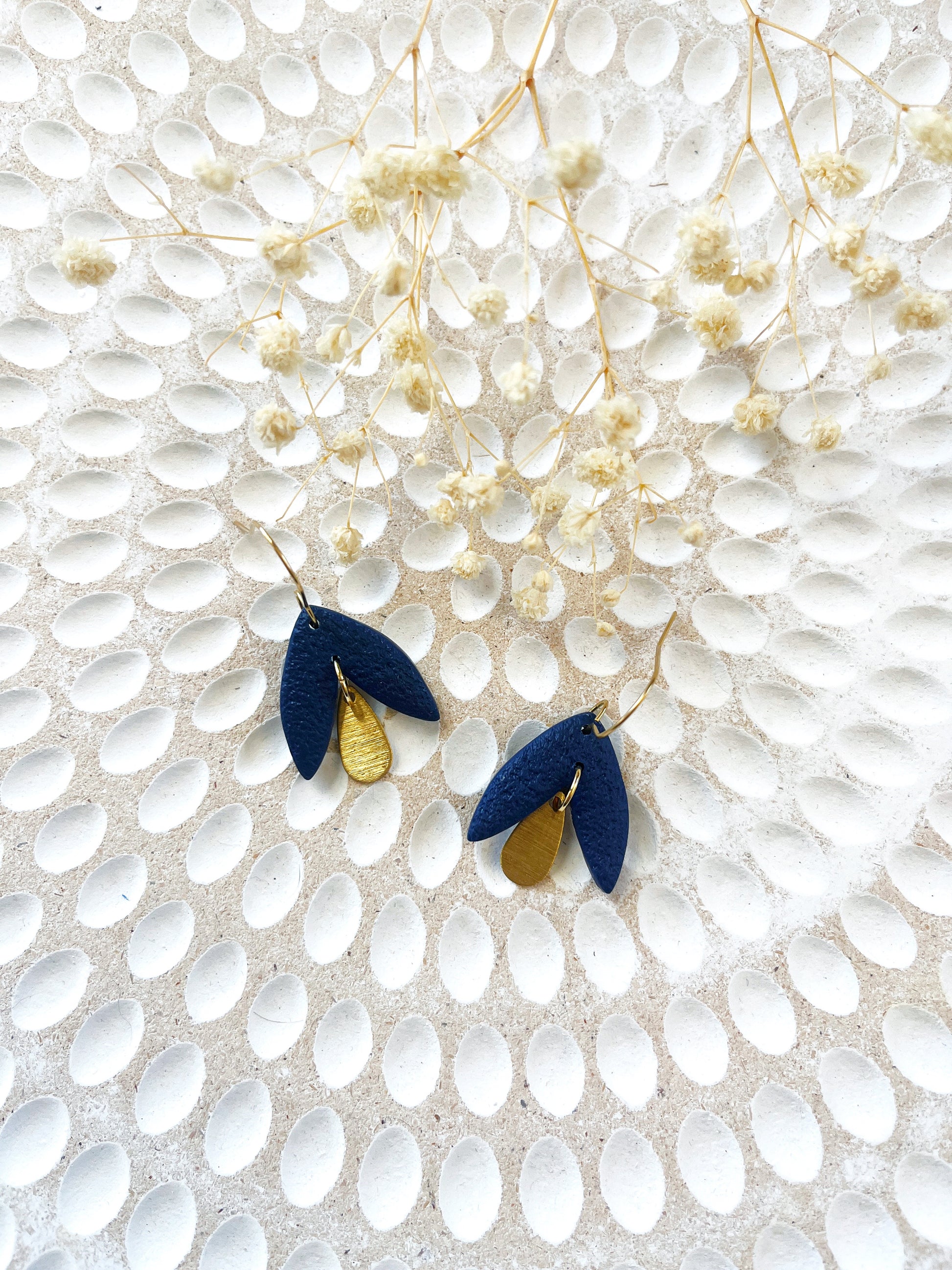 Navy petal look clay earring with gold hook
