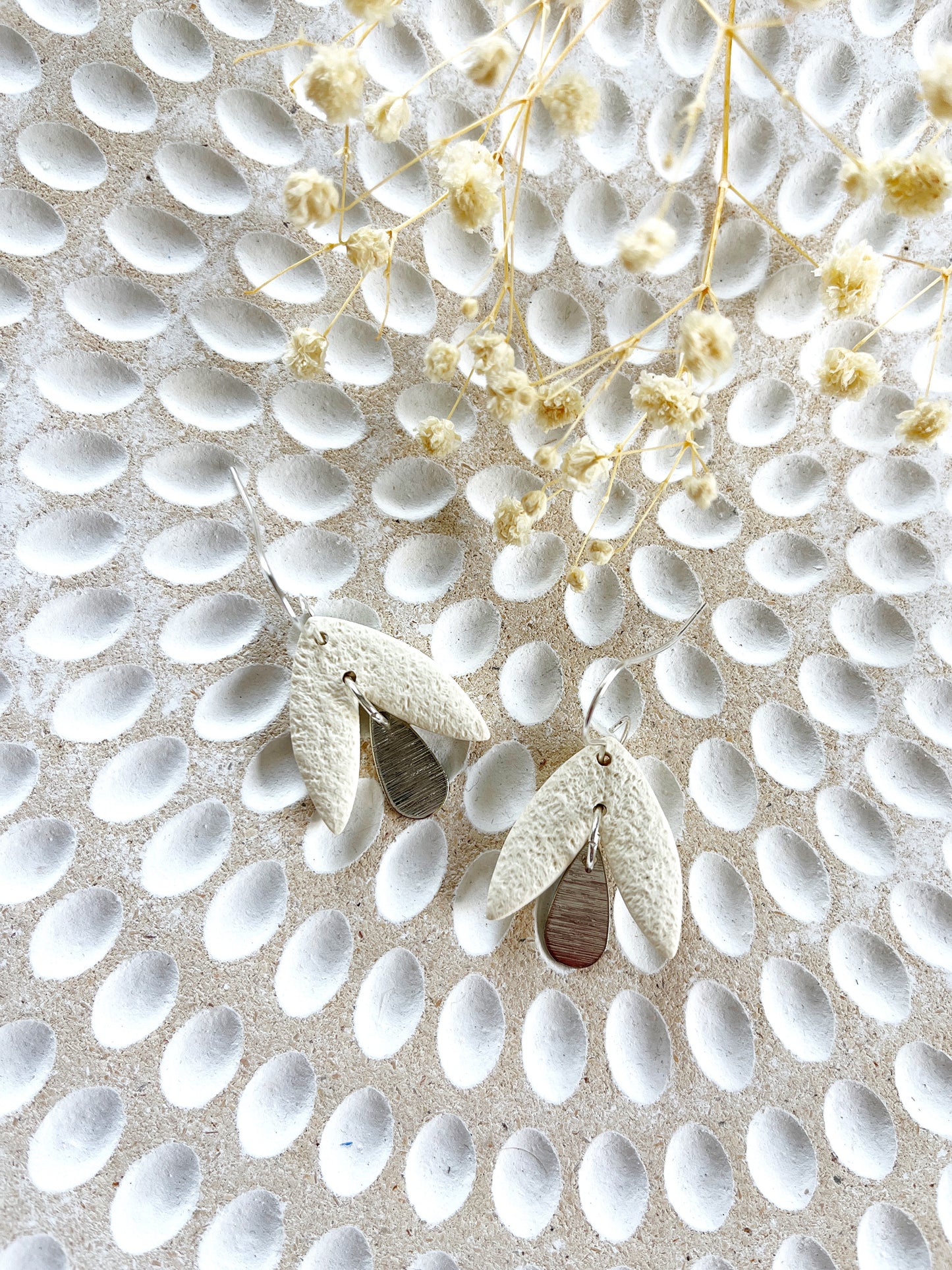 Cream petal look clay earring with silver hook